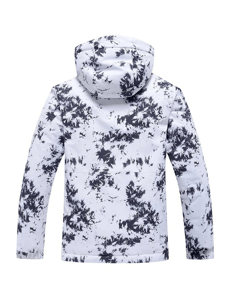 Windproof Thickened Women's Ski Jacket with Hood SF1763, white with black pattern, rear view, waterproof and breathable design.